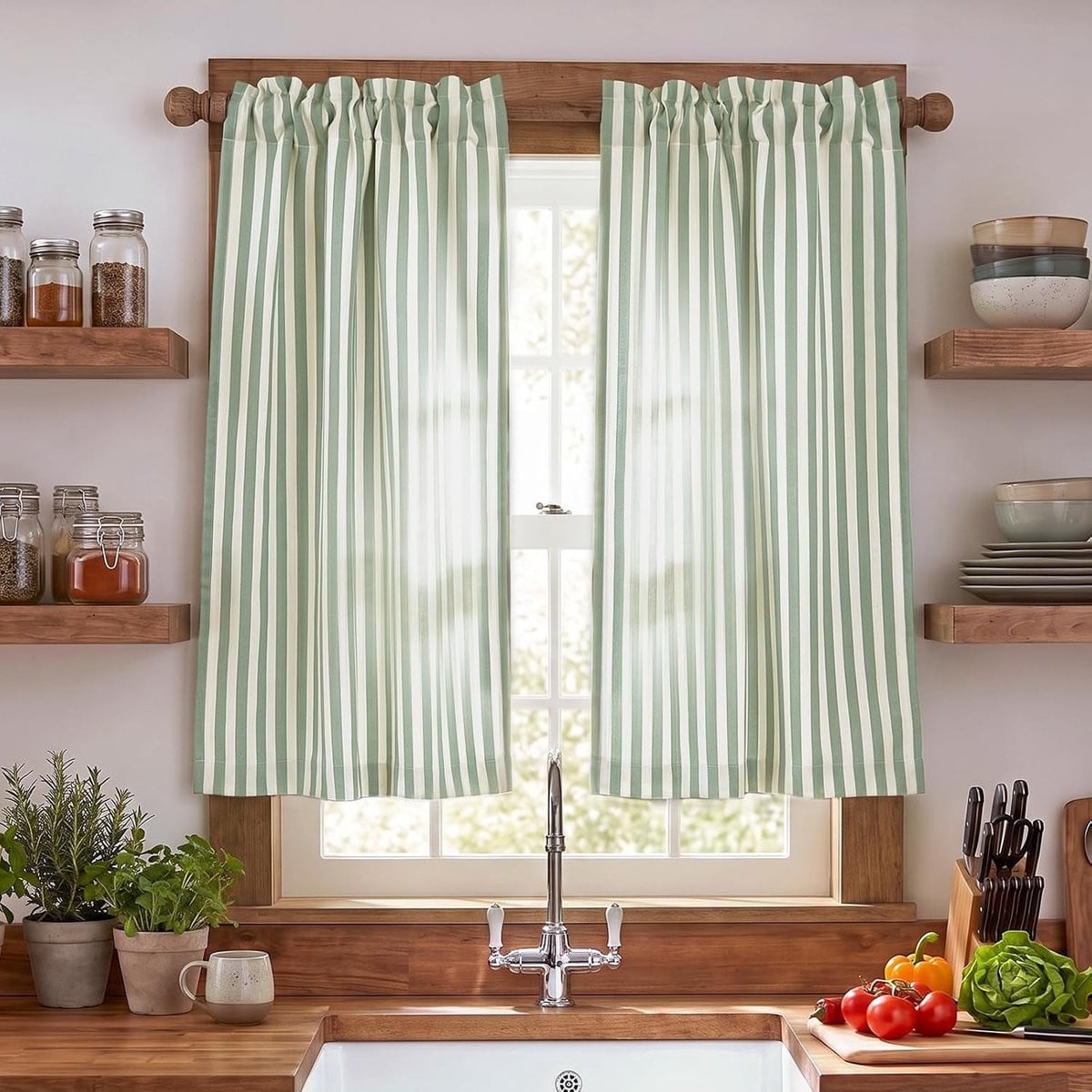 Set van 2 Linnen Look Keuken Gordijnen met Groene Strepen, Semi-transparant