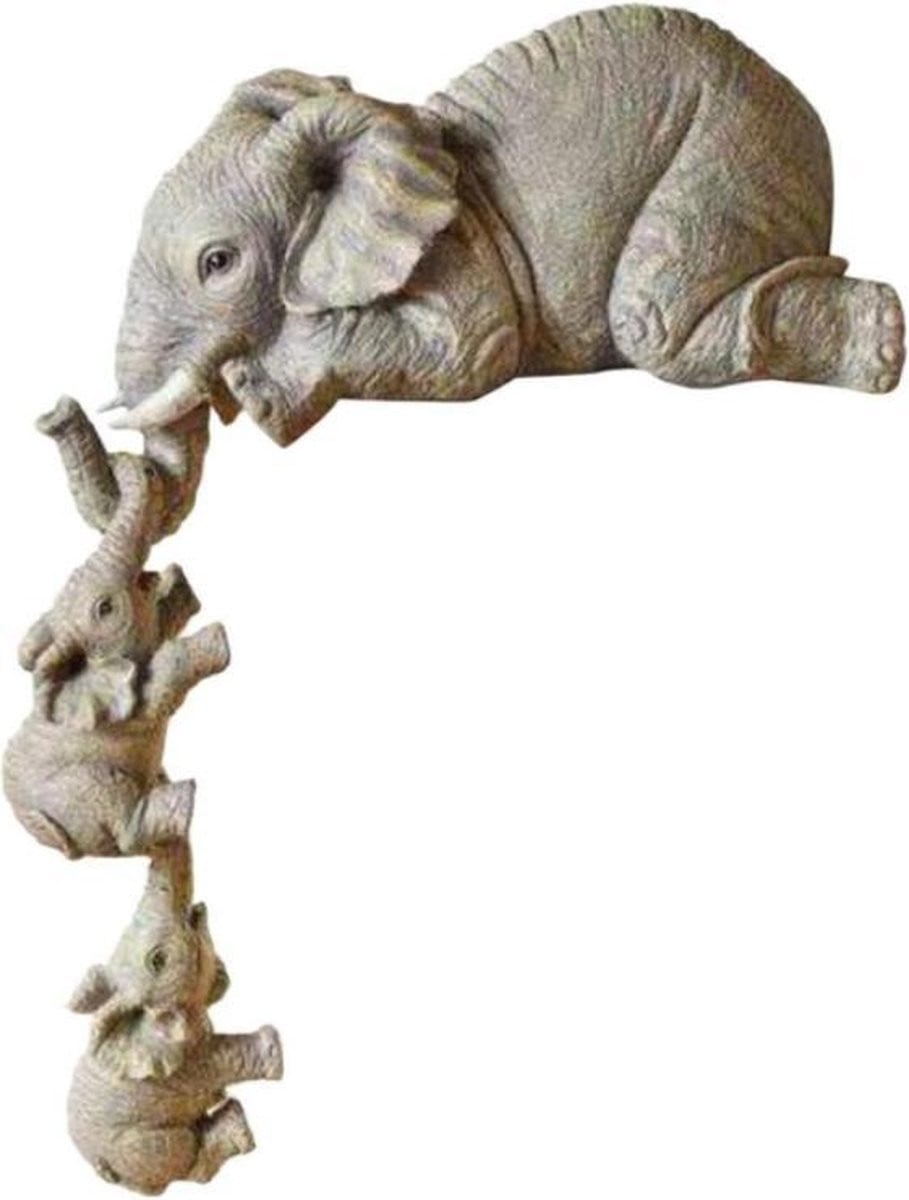 3-delig olifanten beeldje met twee baby olifanten hangend aan moeder voor wandplank decoratie