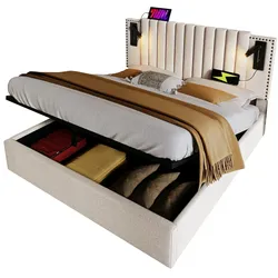 Polsterbett 140x200 mit Stauraum und Leselicht – elegantes Design in Beige, höhenverstellbares Kopfteil, USB-Anschlüsse, stabiler Stahlrahmen