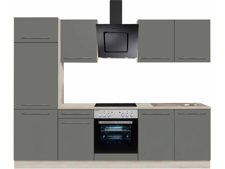 Küchenzeile, Spanplatte, Grau & Akaziefarben, 270×60 cm, Mit E-Geräten, OPTIFIT Bern