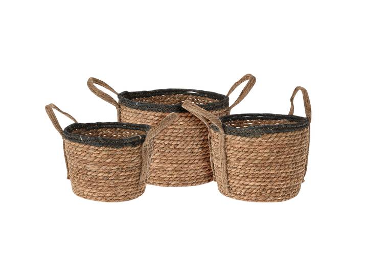 3-teiliges Körbe-Set aus Rattan, rund, mit jeweils 2 Henkel, braun & schwarz, Übertopf