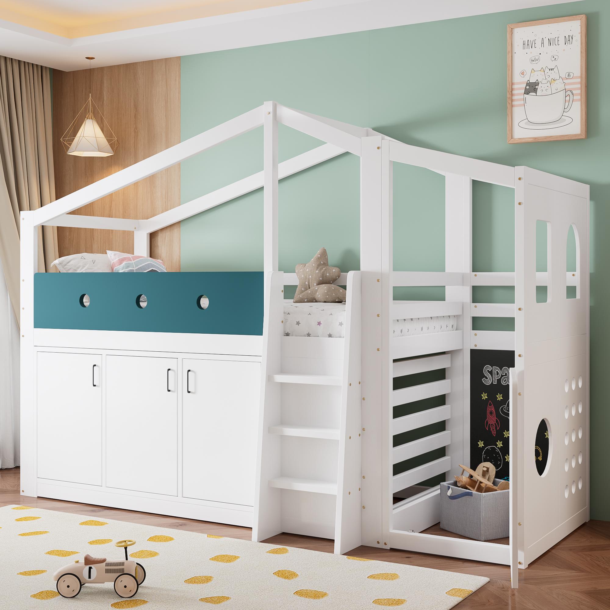 STILVORA Halbhohes Kinderbett 90x200cm mit Spielbereich, Holz-Hochbett mit Stauraumschrank und Leiter, Funktionsbett platzsparend für Kinderzimmer