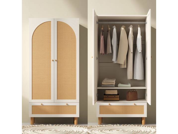 Armoire - Cannage - Blanc - 180x85x52 cm - 1 tiroir + penderie + étagères réglables