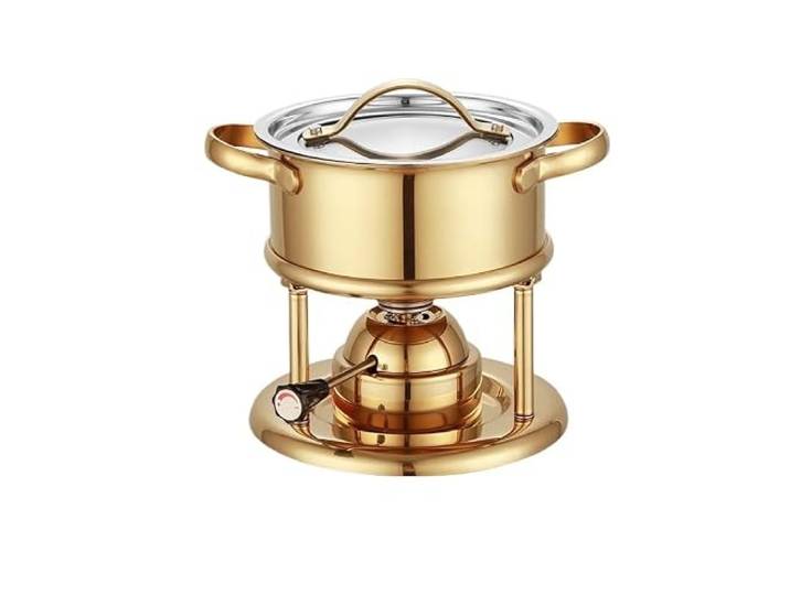 Fondue-Set, ideal for aufblasbare Gas-Hot Pots Buffetherd Herd, perfekt for Küchenkollektion und Hochzeitsgeschenke, mit Glasdeckel(Gold)