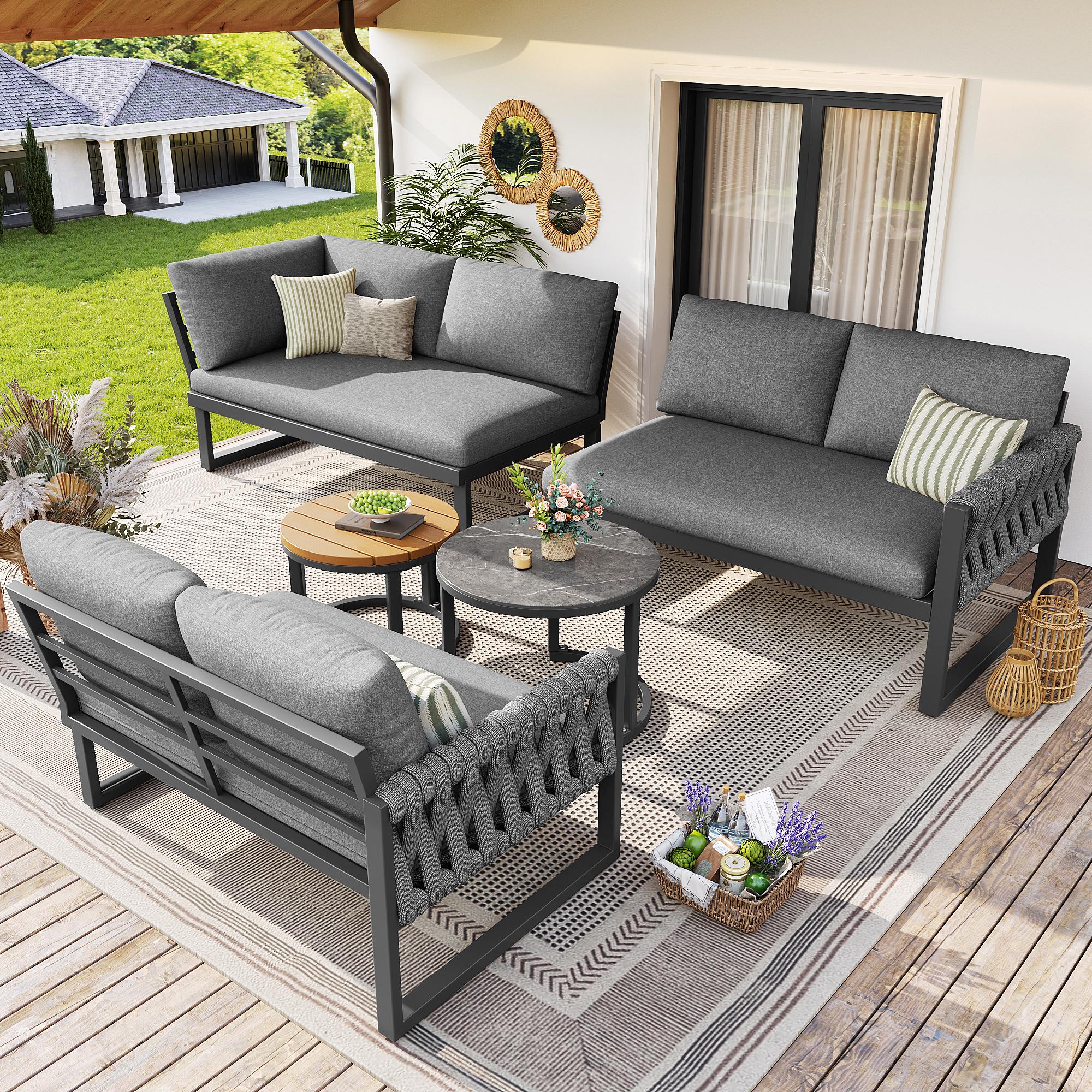 okwish Gartenmöbelset Outdoor-Sofaset mit Sessel-sofa,Gartenlounge mit dreidimensional geflochtenen Armlehnen für 5-6 Personen,Balkonmöbel-Set,grau