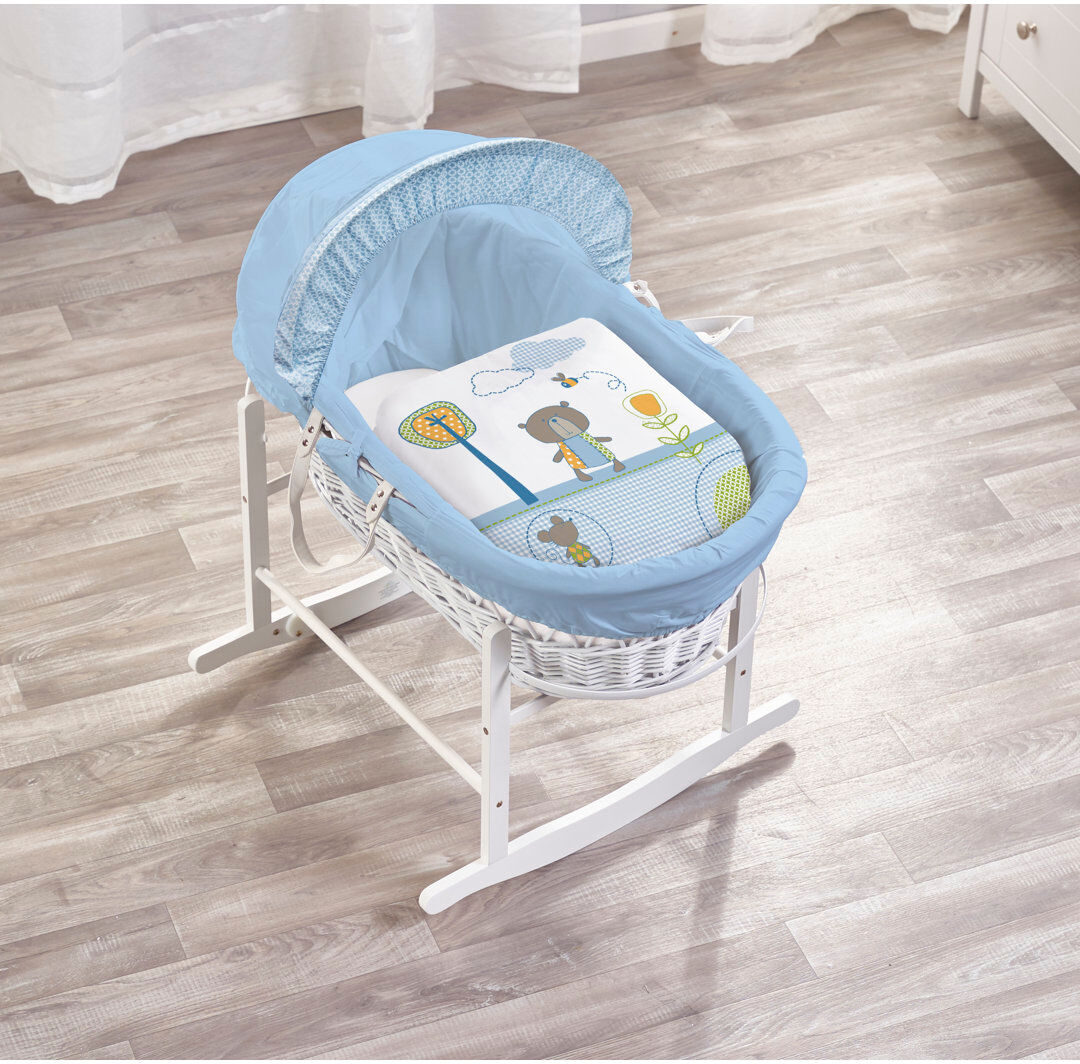 Kinder Valley Moses Basket With Stand with Bedding with Mattress White;Blue 29cm H X 47cm W X 89cm L