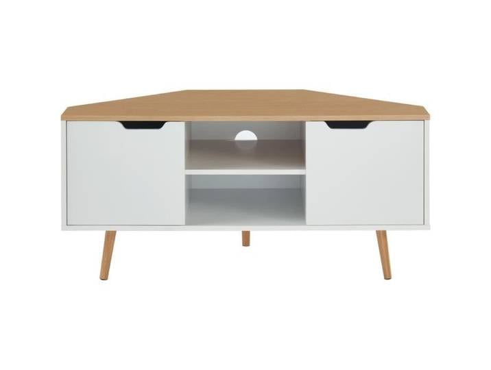 Meuble TV d'angle - BAÏTA - Gamme LYNA - Blanc et effet chêne - L 115 x P 55 x H 53 5 cm