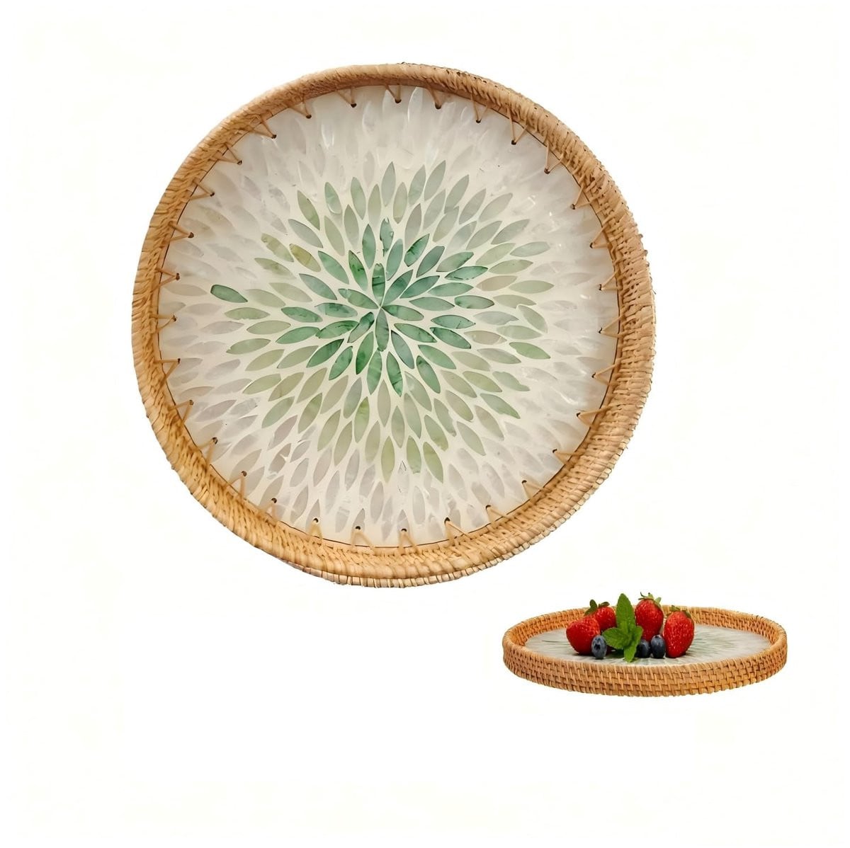 Dailygoods Rond Dienblad van Rotan met Schelpen - Handgeweven Decoratieve Fruitschaal - 30 cm