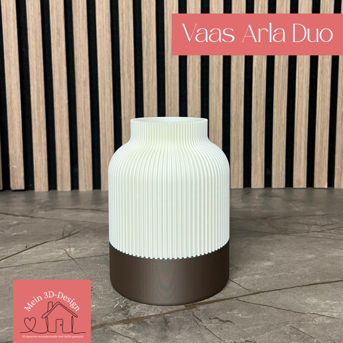Vaas Arla Duo Japandi stijl 3D-geprint voor kunstbloemen en Legobloemen van Mein 3D-Design.nl