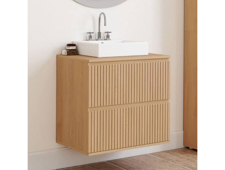 IDMARKET Meuble sous vasque suspendu salle de bain VICTOR 2 tiroirs effet lattes