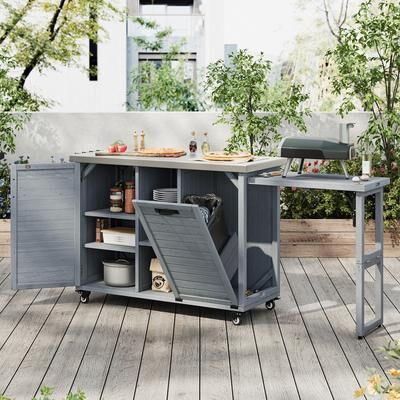 Ostweer "78.3"" Outdoor Kitchen Island with Foldable Grill Table, Grey Blue Grill Cart Bar Cart with Trash Can Storage"
