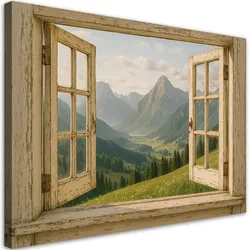 LEINWANDBILD Blick aus dem Fenster auf die Berge Shabby Chic 100x70cm
