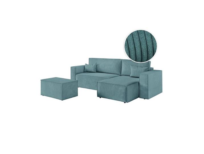 PACK - CLARISSE - Canapé d'angle convertible réversible avec pouf en velours côtelé - Bleu clair