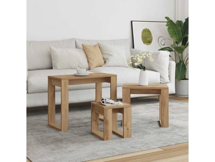 Beistelltische, 3 Stück, Eichenholz, Technikholz Zusammensteckbares Design, verschiedene Größen, vielseitig einsetzbar, glatte Oberfläche, pflegeleicht