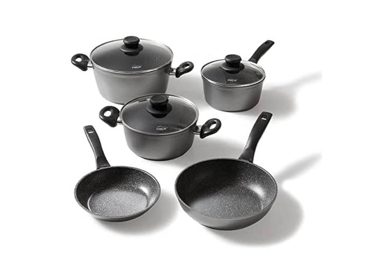 STONELINE Topfset Induktion, 8-teiliges Topfset mit Deckel, Kochtopf Set beschichtet mit echten Steinpartikeln, Aluguss Töpfe und Pfannen geeignet für alle Herdarten
