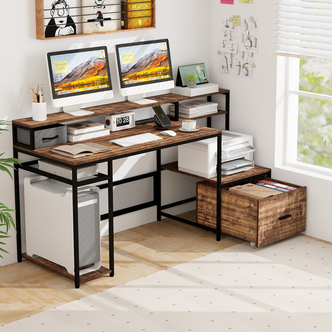 17 Stories Iron Computer Desk Brown 90cm H X 170cm W X 60cm D