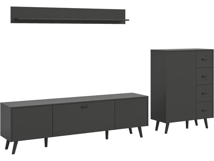 Wohnwand HOME AFFAIRE RHOMBUS, hochwertige MDF-Front mit Karo-Optik , schwarz (grau), B:269cm H:175cm T:40cm, Kastenmöbel-Sets, Wohnwand, 3-teilig, bestehend aus: TV-Lowboard, Kommode & Wandboard