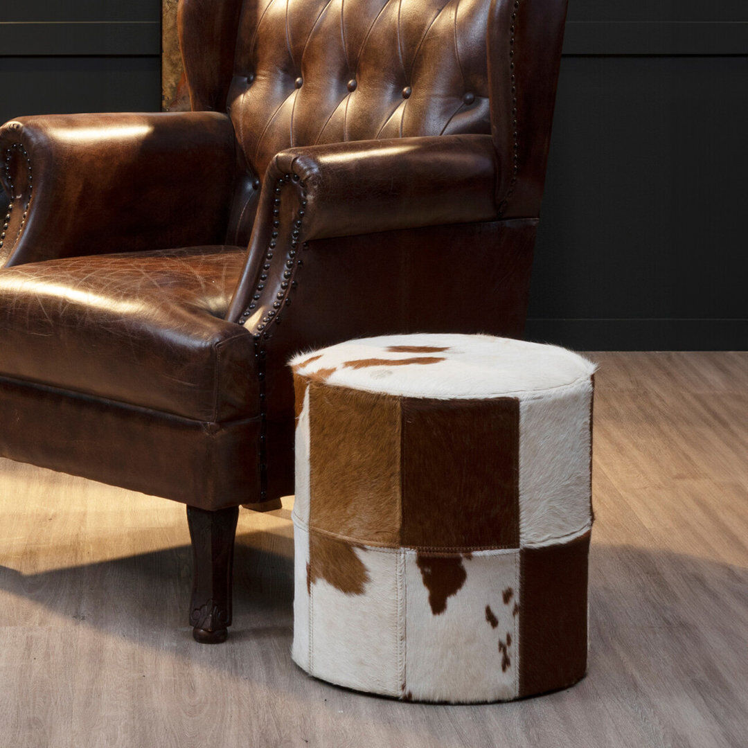 Union Rustic Eden 40cm Wide Genuine Leather Round Animal Print Pouf Ottoman White;Brown 42cm H X 40cm W X 40cm D