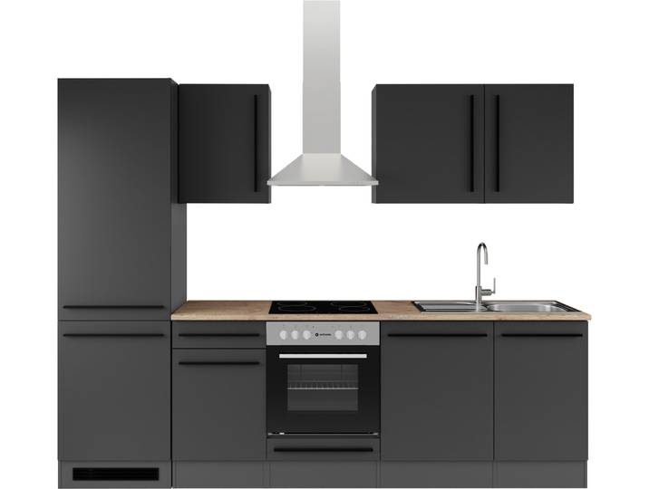Küchenzeile BASIC BY BALCULINA Jazz , schwarz (küche: schwarz, korpus: schwarz matt, arbeitsplatte: lanzelot eichefarben), B:280cm H:211cm T:60cm, Komplettküchen-Sets, Küchenzeile, Breite 280 cm, wahlweise mit E-Geräten