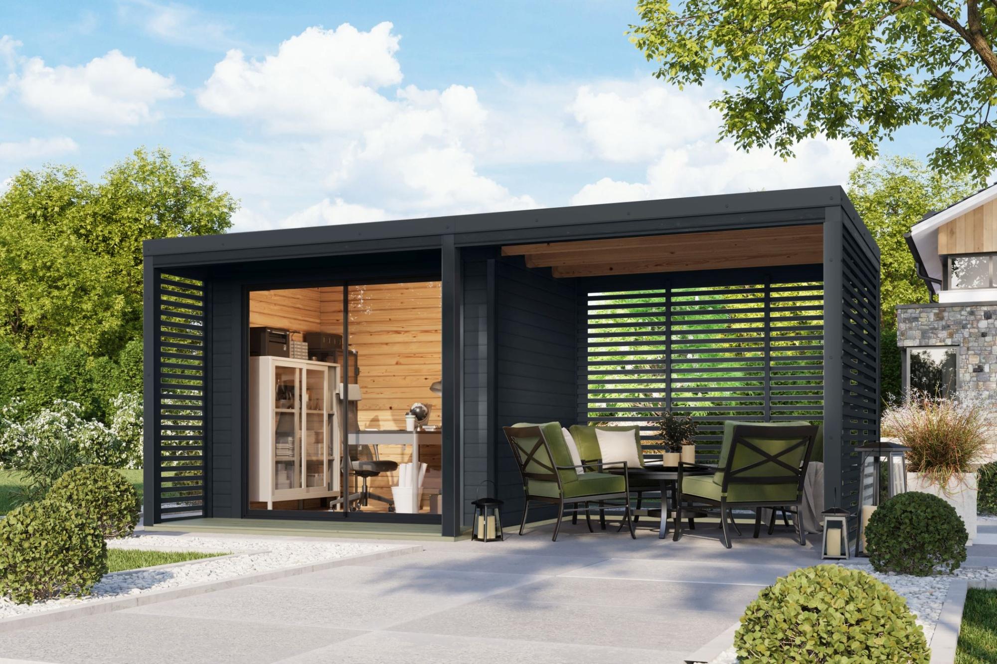Gartenhaus Holz 38mm mit Anbaudach Metall anthrazit / Holz anthrazit SATURN 539x276x232cm
