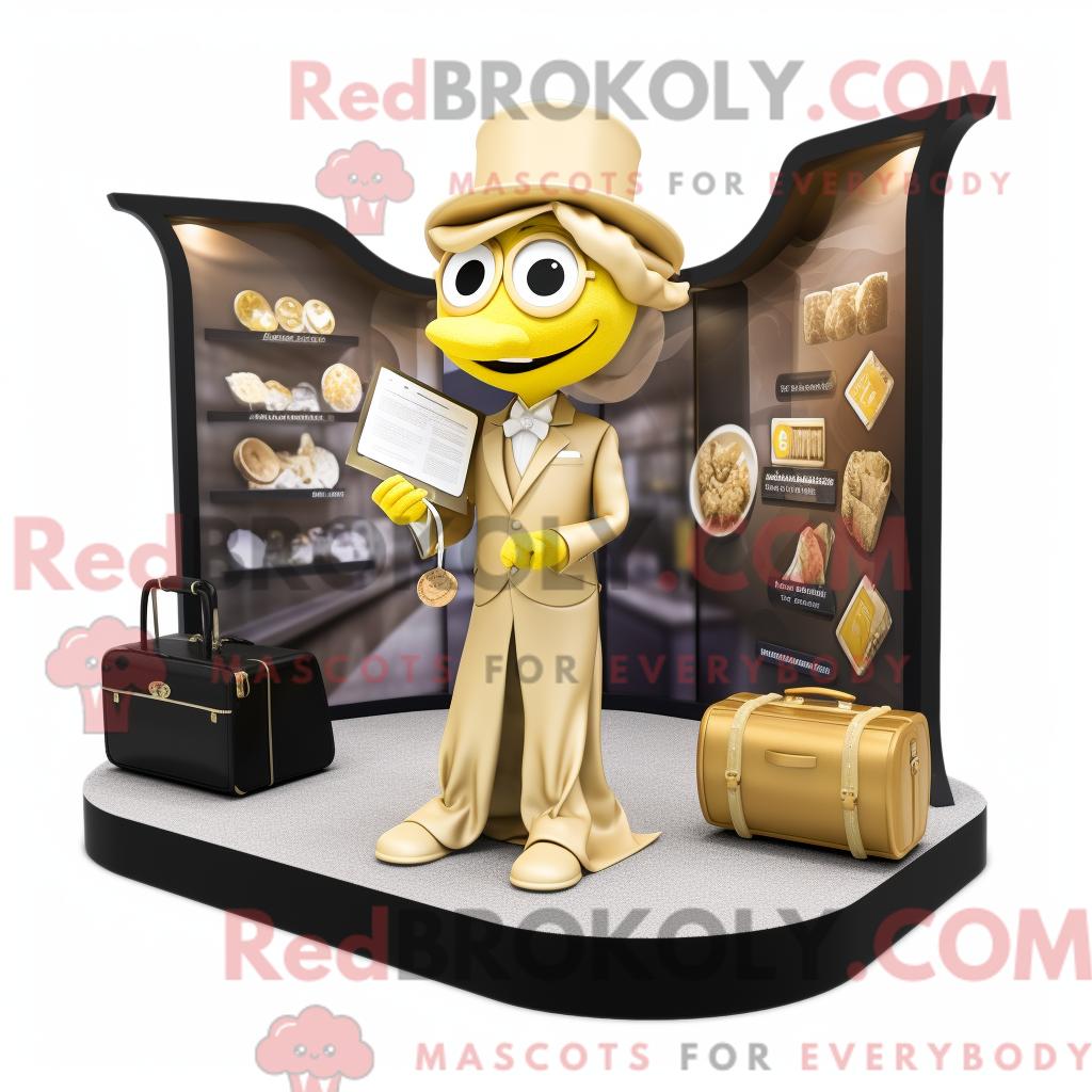 Maskottchen REDBROKOLY eines goldenen Anwalts mit Ballkleid und Aktentasche