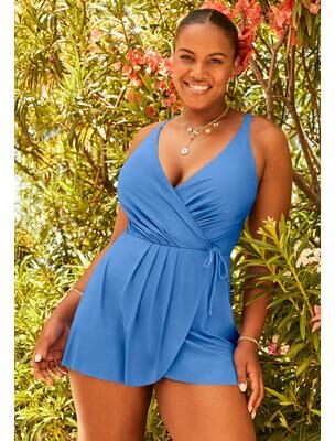 Plus Size Women's Lightweight Faux Wrap Petal-Hem Swimdress by Swimsuits For All in Stardust (Size 16)