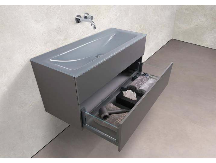 Zafiro - Badmöbelset 120 cm mit Glaswaschbecken (Einzel) Optiwhite und grifflosem Unterschrank