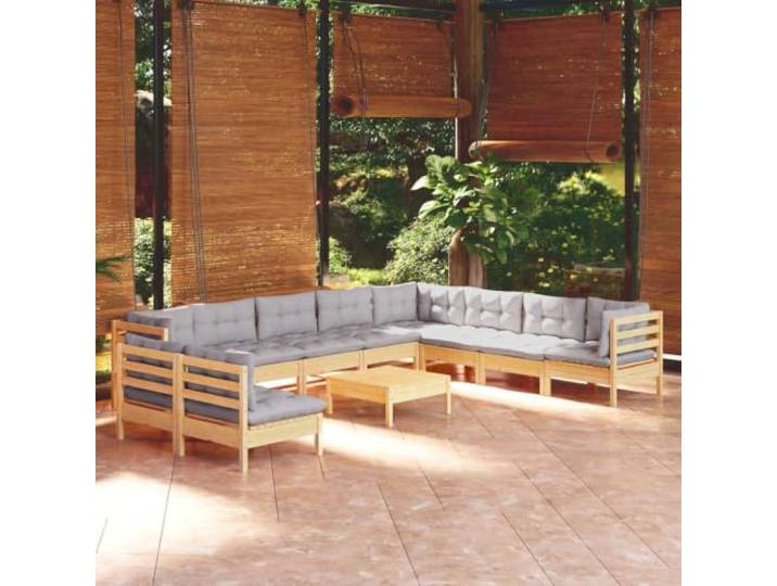 WDGJJFECNMUEHI Bois de pin massif modulable Avec coussins gris 11 Pieces Salon de jardin 11 pieces avec coussins gris, Bois de pin massif, canape modulable exterieur avec repose-pieds, ensemble