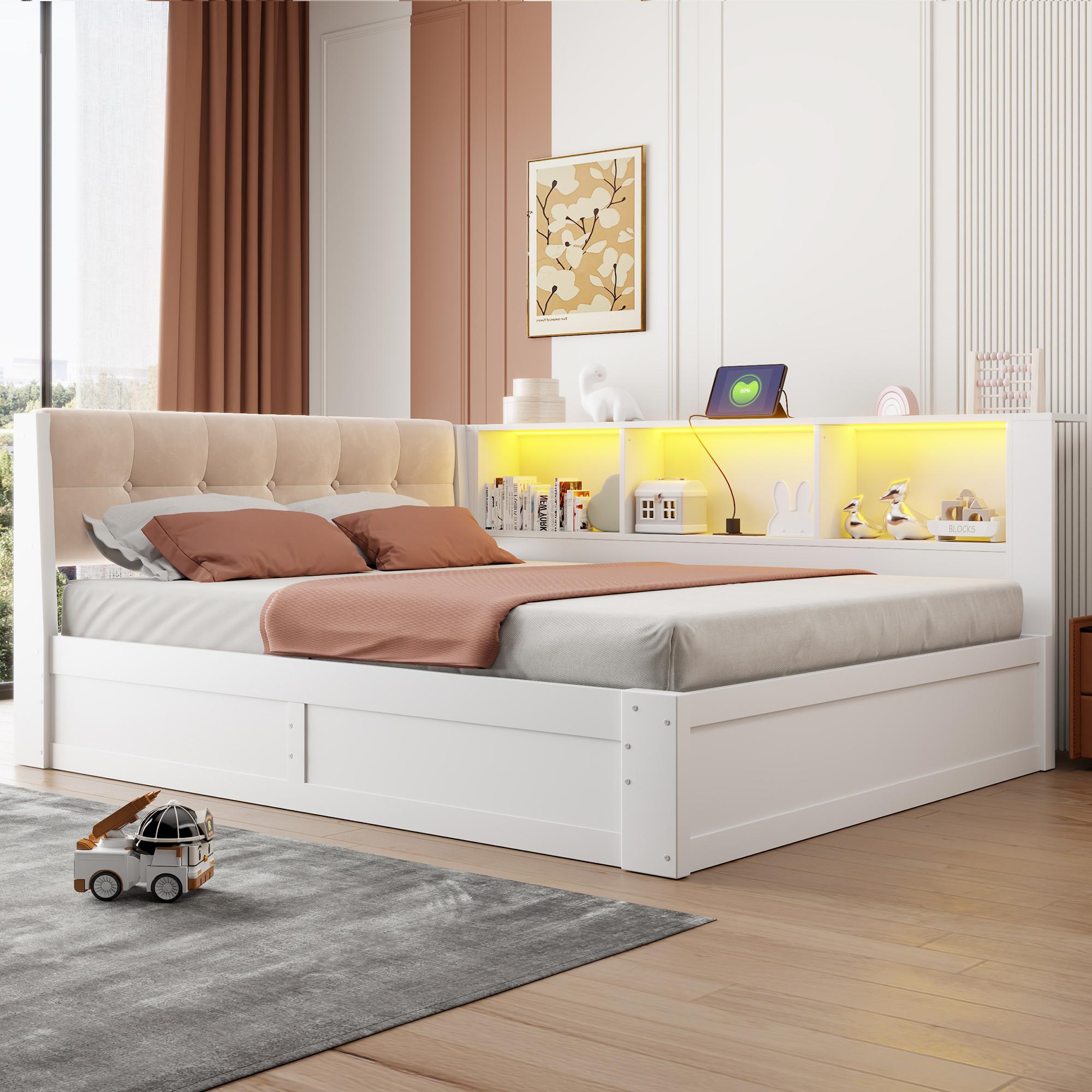 Daybett Tagesbett 140x200 cm, Einzelbett ohne Matratze, hydraulische Lagerung, dimmbare LED-Leiste, Regal, USB, Kiefernholz, Wei?