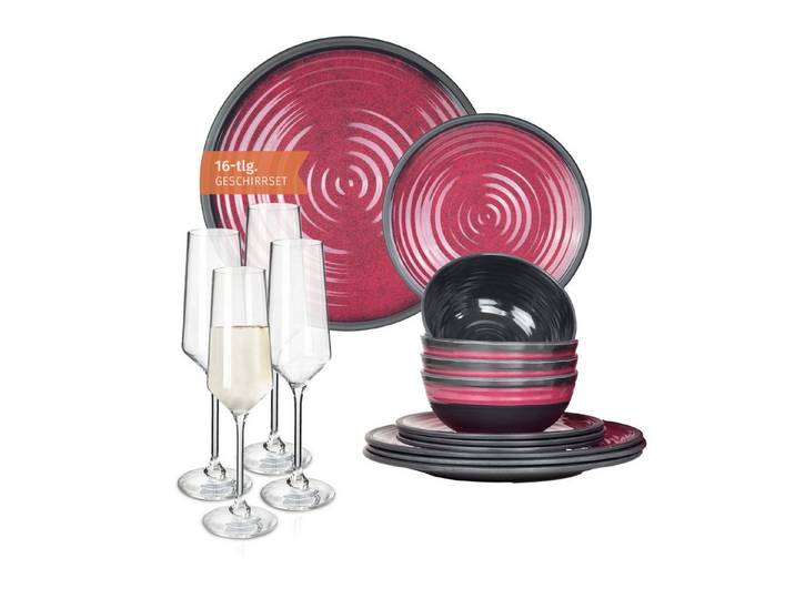 Moritz Geschirr-Set Camping Geschirr Stone Red + Milano Champagnergläser