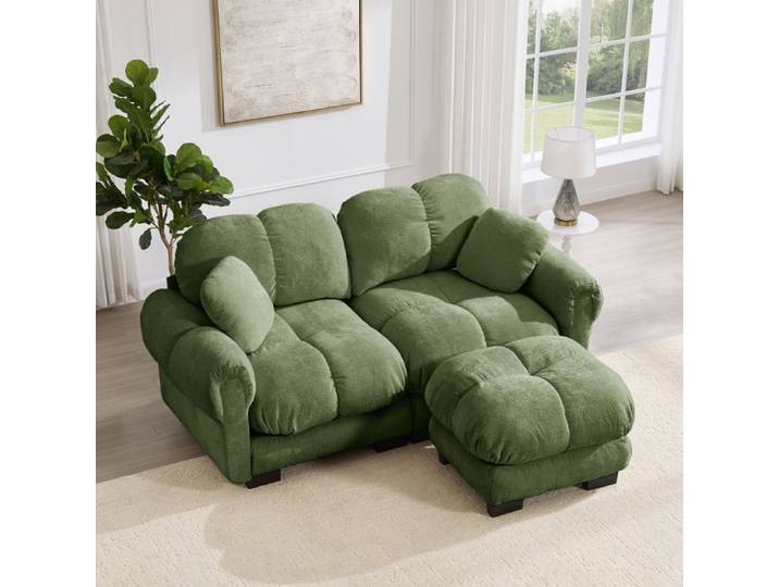 ELVORIN Canape modulable d angle 2 places chenille ottomane mobile coussins epais accoudoirs galbes vert