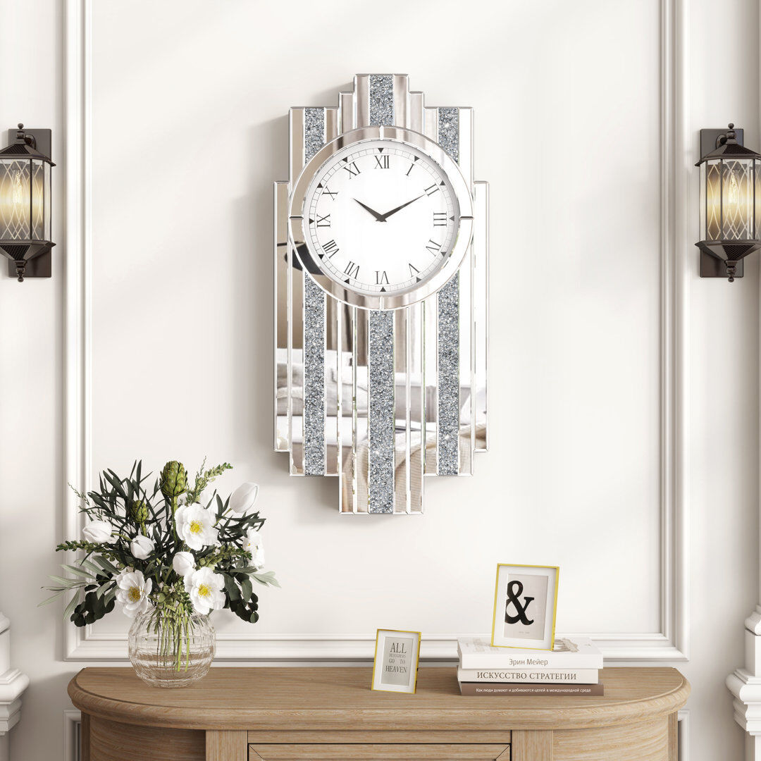 Blue Elephant 34.8x72cm Wall Clock Art Deco Mirrored Wall Clock Silver 34.8cm W X 72cm H X 5.6cm D