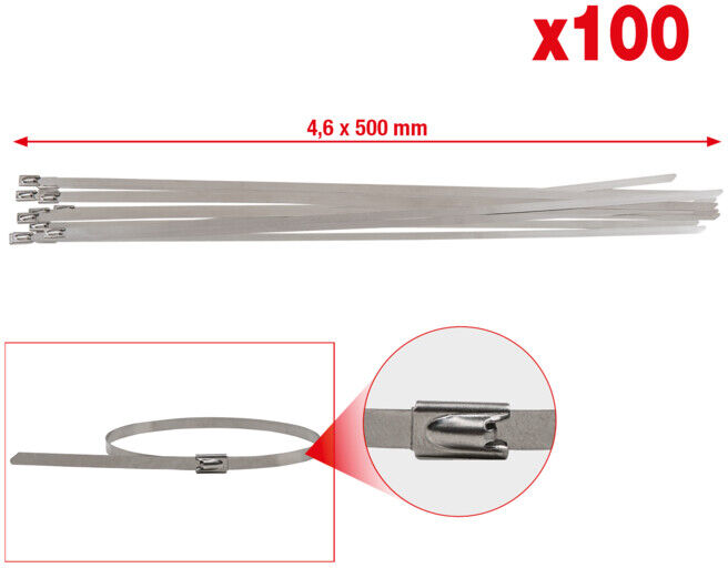 Serre-câbles en inox avec fermeture à bille, 4,6x500 mm, 100 pièces ; KS Tools (115.1594)