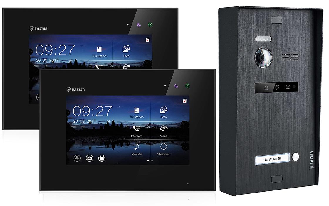 BALTER EVO Aufputz Video Türsprechanlage 2-Draht BUS für 1-Familienhaus 2 x 7" Touchscreen Monitor Schwarz Schwarz