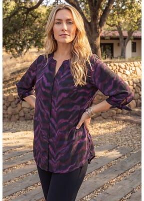 Plus Size Women's Georgette Buttonfront Tie Sleeve Cafe Blouse by Catherines in Purple Zebra (Size 0X)