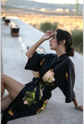 KIM + ONO Washable Silk Peony & Butterfly Kimono Robe - Long - black / one size