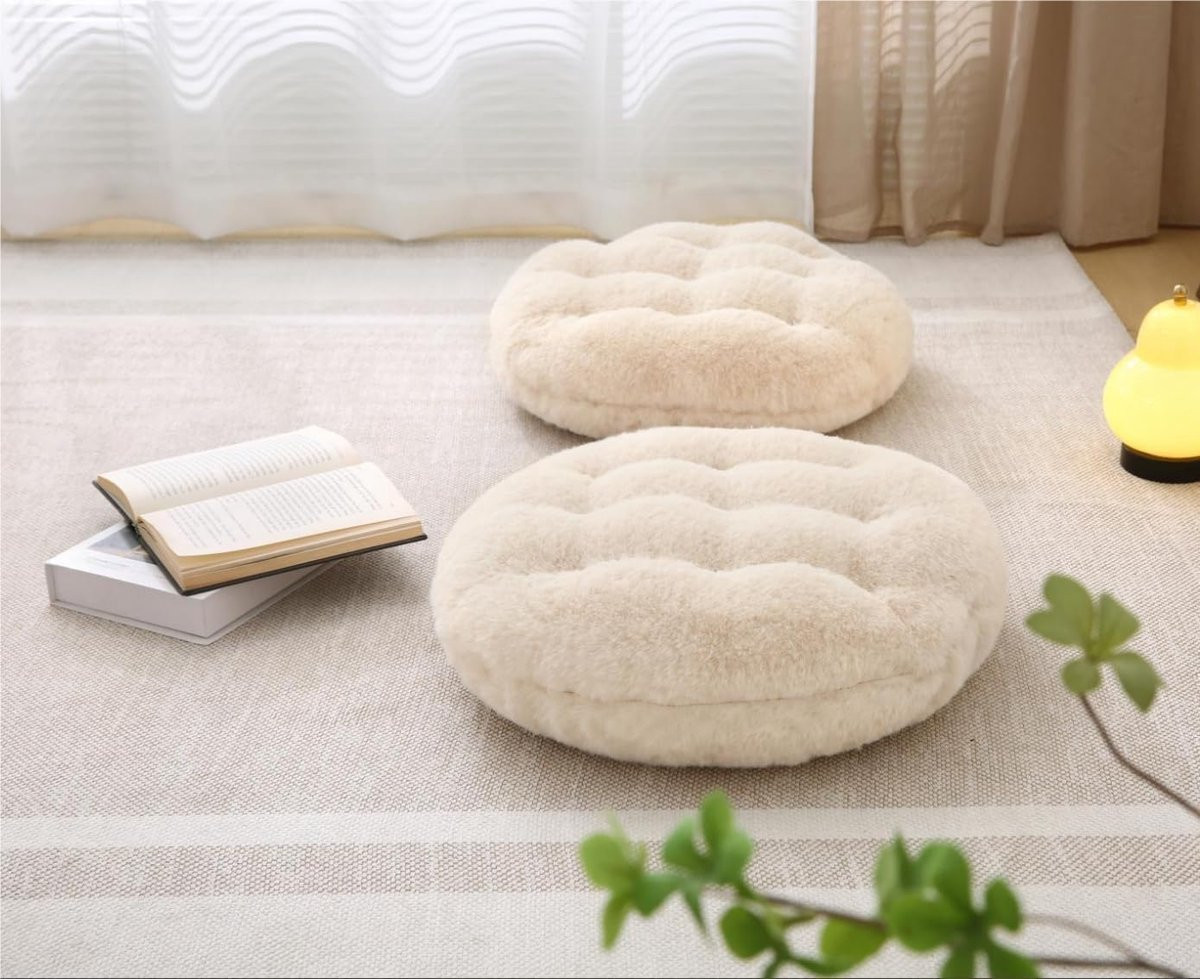 SnelShoppen Rond Vloerkussen Beige Kunstbont - Luxe Dik Meditatiekussen voor Volwassenen