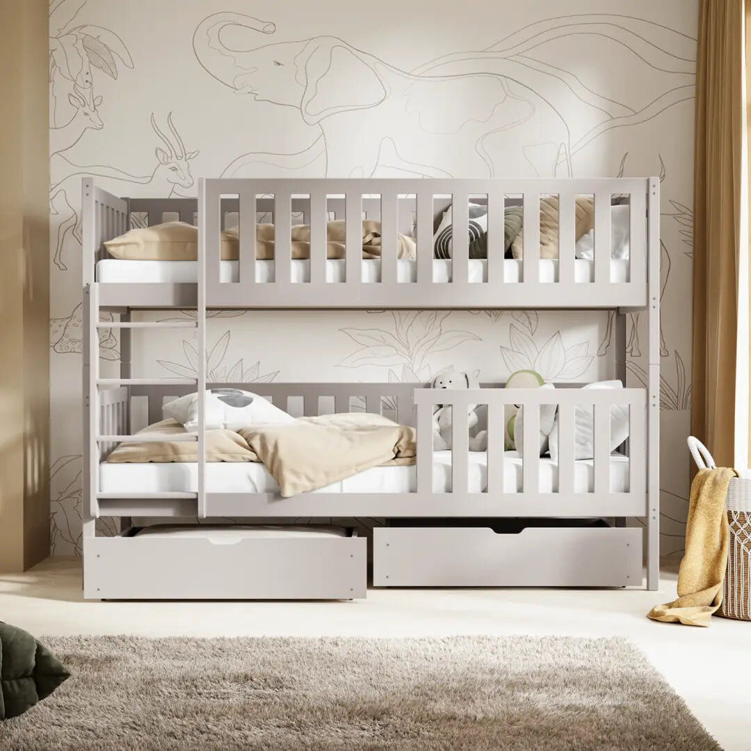 Harriet Bee Wooden Bunk Bed Michalina with Storage 90x190cm - Practical, Elevated Bed With Storage Drawers Cashmere