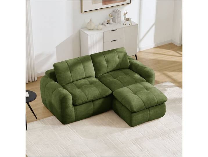 WOVREO Canapé modulable d'angle 2 places avec ottoman chenille vert sans montage compressé