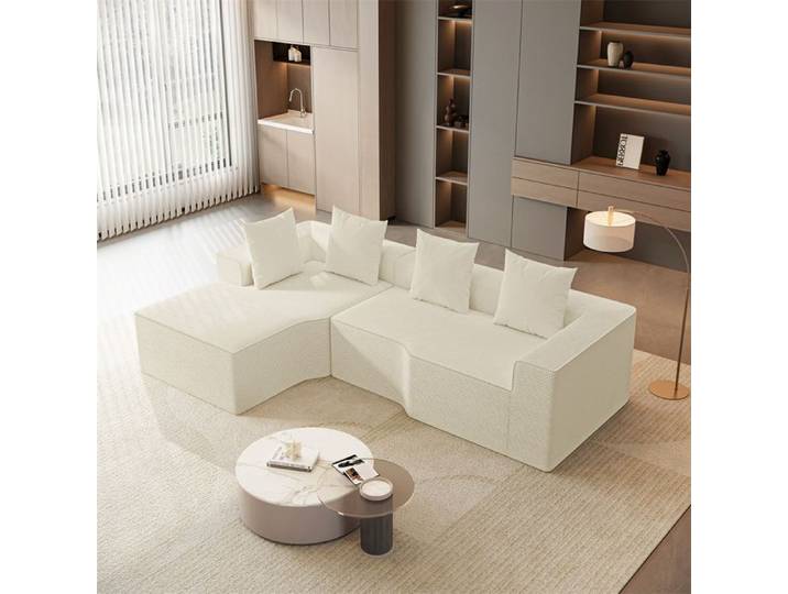 DRIPEX Canapé d'angle gauche 4/5 places en Velours Côtelé Beige Canapé compressé avec 4 coussins méridienne gauche 270x152x59cm