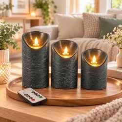 Relaxdays Marmorierte LED Kerzen 3er Set Anthrazit