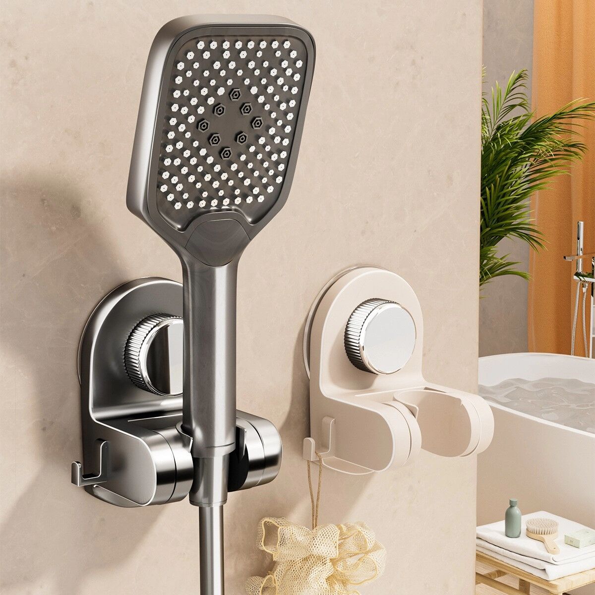 INF Support mural de douche à ventouse 3 pièces - Support ABS sans perçage, angle réglable, clip universel pour salle de bain Titane