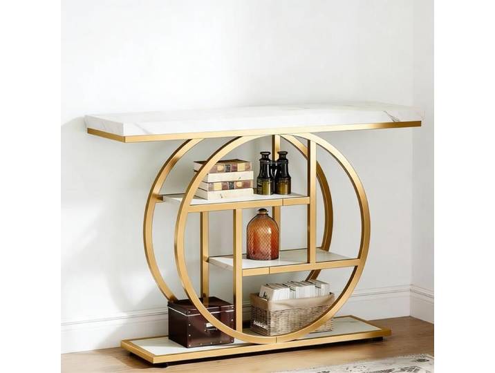 Table d'Entrée BELLEMAVE - Console Industrielle à 4 Niveaux Structure à Base Circulaire Blanc+Or
