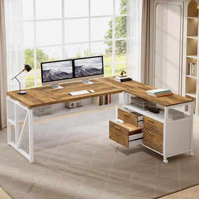 BLUEBELL L Shaped Executive Desk, 63 Inch Office Computer Desk with Storage Cabinet & Open Shelving for Home & Business Office