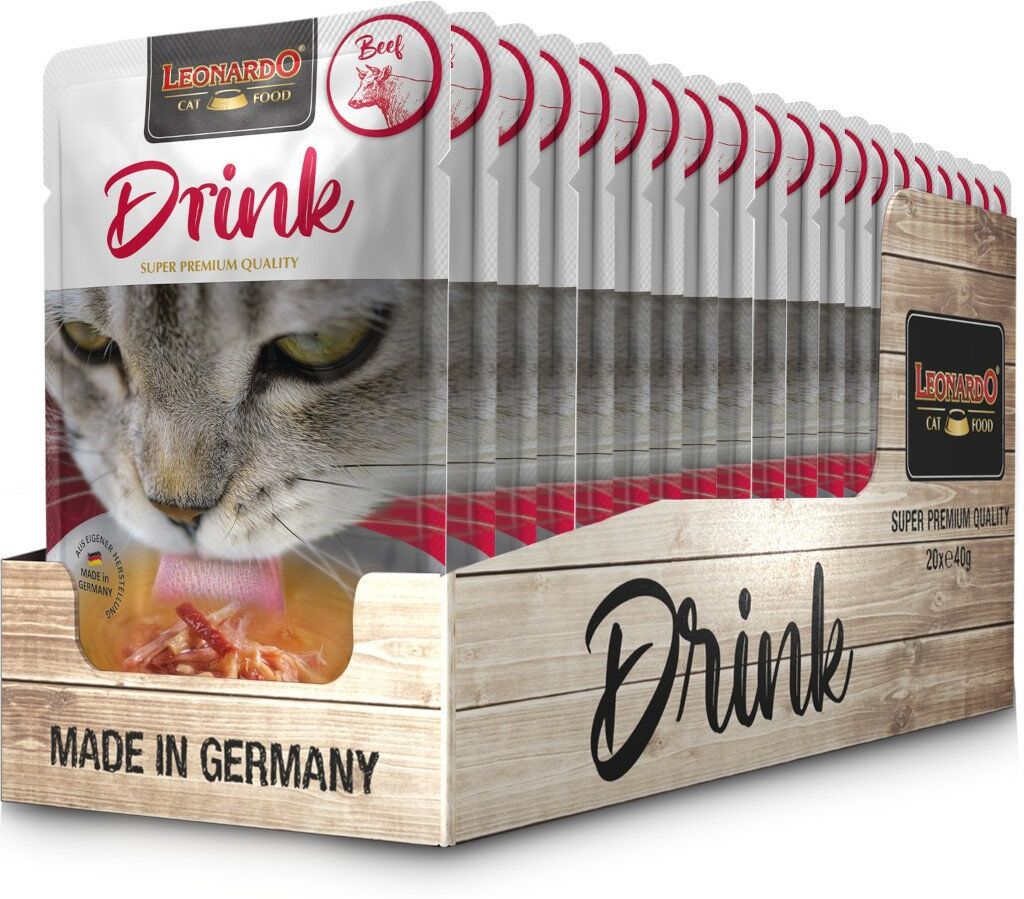 20 x 40 g Leonardo Drink Beef Alimento Complementare Bevanda per Gatti Adulti con Brodo e Carne di Manzo e Pollo Senza Cereali