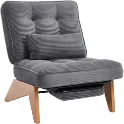 OKWISH Loungesessel Stoff Cord Dunkelgrau 127x73x90 cm verstellbare Rückenlehne mit Fußstütze und Lendenkissen, Massivholzbeine, komfortabel