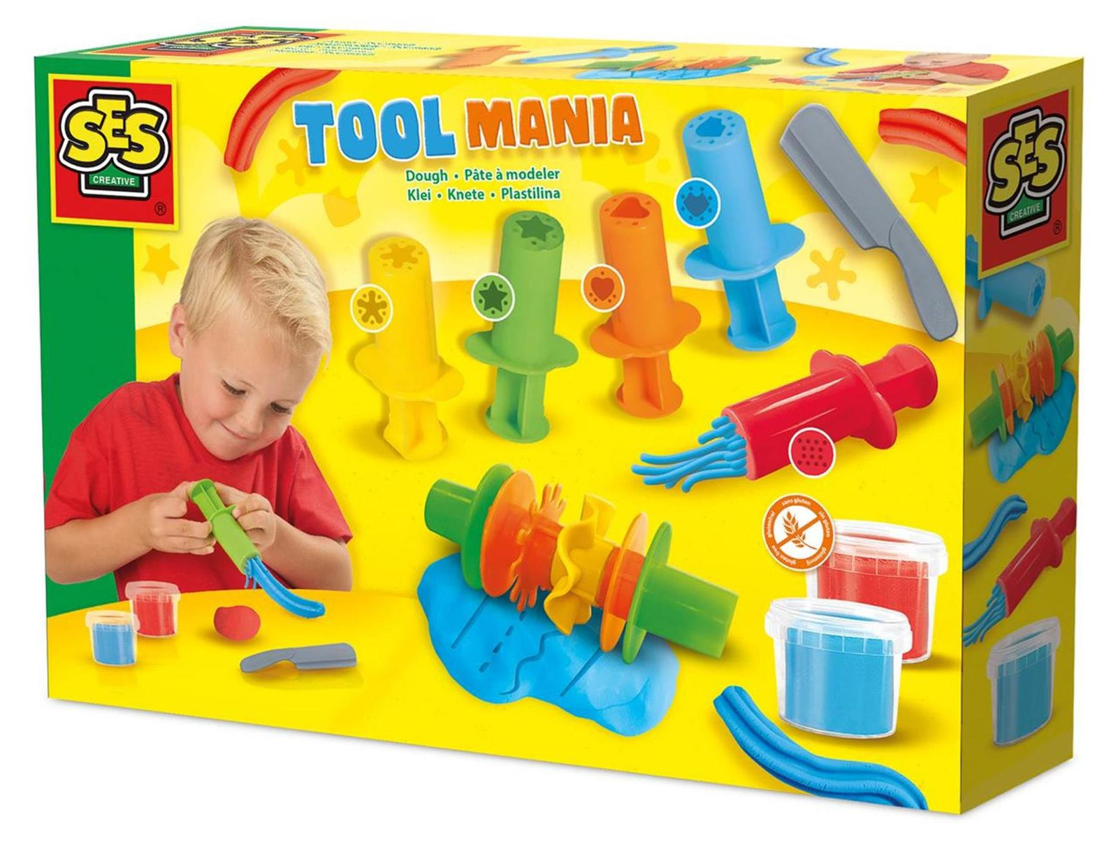 SES Creative kleisets voor kinderen met klei en gereedschap in een meerkleurige plastic emmer