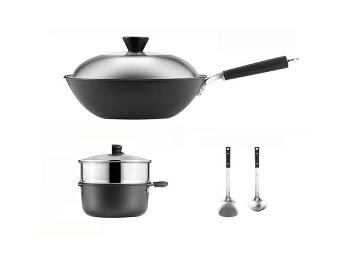 COOKER KING Ensemble de cuisson - Wok en fer 4,5 L + Faitout en aluminium 3 L + Panier vapeur en acier inoxydable 304 + 2 spatules