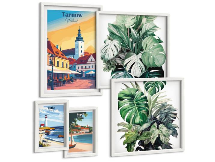 BILDER SET 5er Set - 50x50 cm & 20x30 cm & 40x60 cm Weißer Rahmen - Stadt- und Naturlandschaften