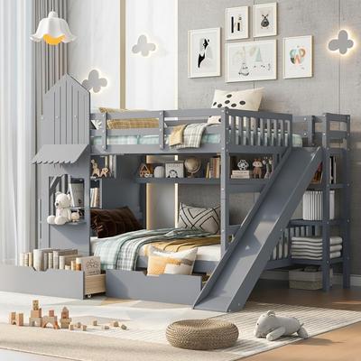 Merax Castle Style Bunk Bed with 2 Drawers 3 Shelves and Slide